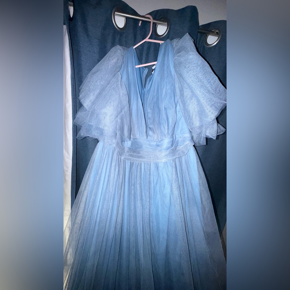 Faeriesty Fairy Dress – Elegant Blue Maternity V-Neck Midi Ruffle Sleeves & Slit - Picture 6 of 16